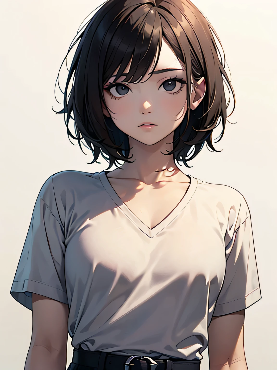 masterpiece,High resolution,alone:1.2,高精細CG Unity 8K,realistic,RAW photo,1 girl,(White V Neck T-Shirt),Accurate, anatomically correct, symmetrical eyes,(black eye),(small breasts),light brown hair,(very short hair),(messy hair),(asymmetrical bangs),(elevation angle:1),(waist belt),(black eyes),(white background:1),