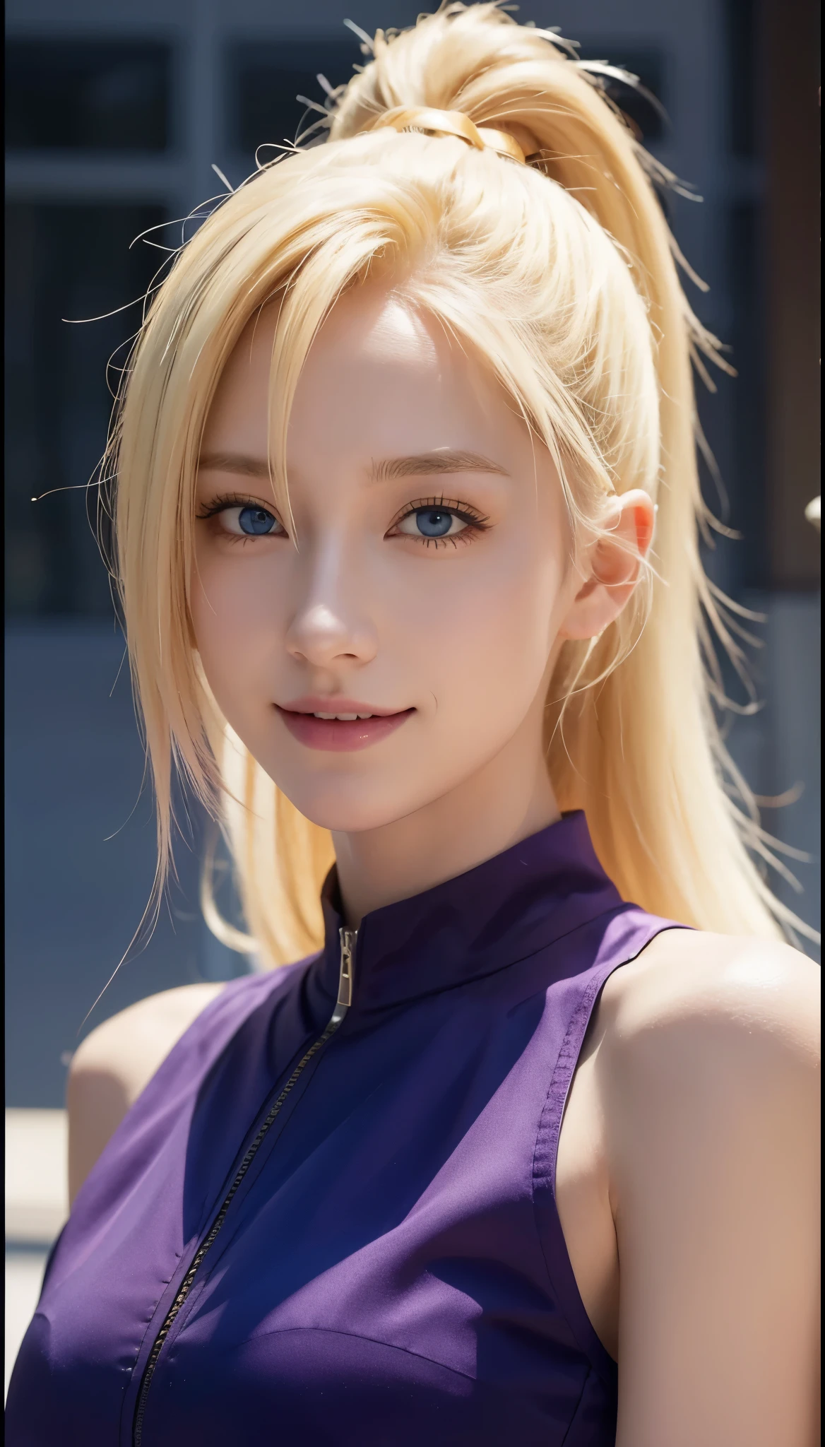 1female, ino in anime anime shippuden, long hair, yellow hair, blue eyes, smile, beautiful, purple clothes, realistic clothes, city background, ultra detail, realistic, masterpiece:1.2, HDR, studio lighting, vivid colors, sharp focus, physicially-based rendering, ultra-fine painting, portraits, landscape