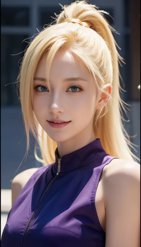 1female, ino in anime anime shippuden, long hair, yellow hair, blue eyes, smile, beautiful, purple clothes, realistic clothes, c...