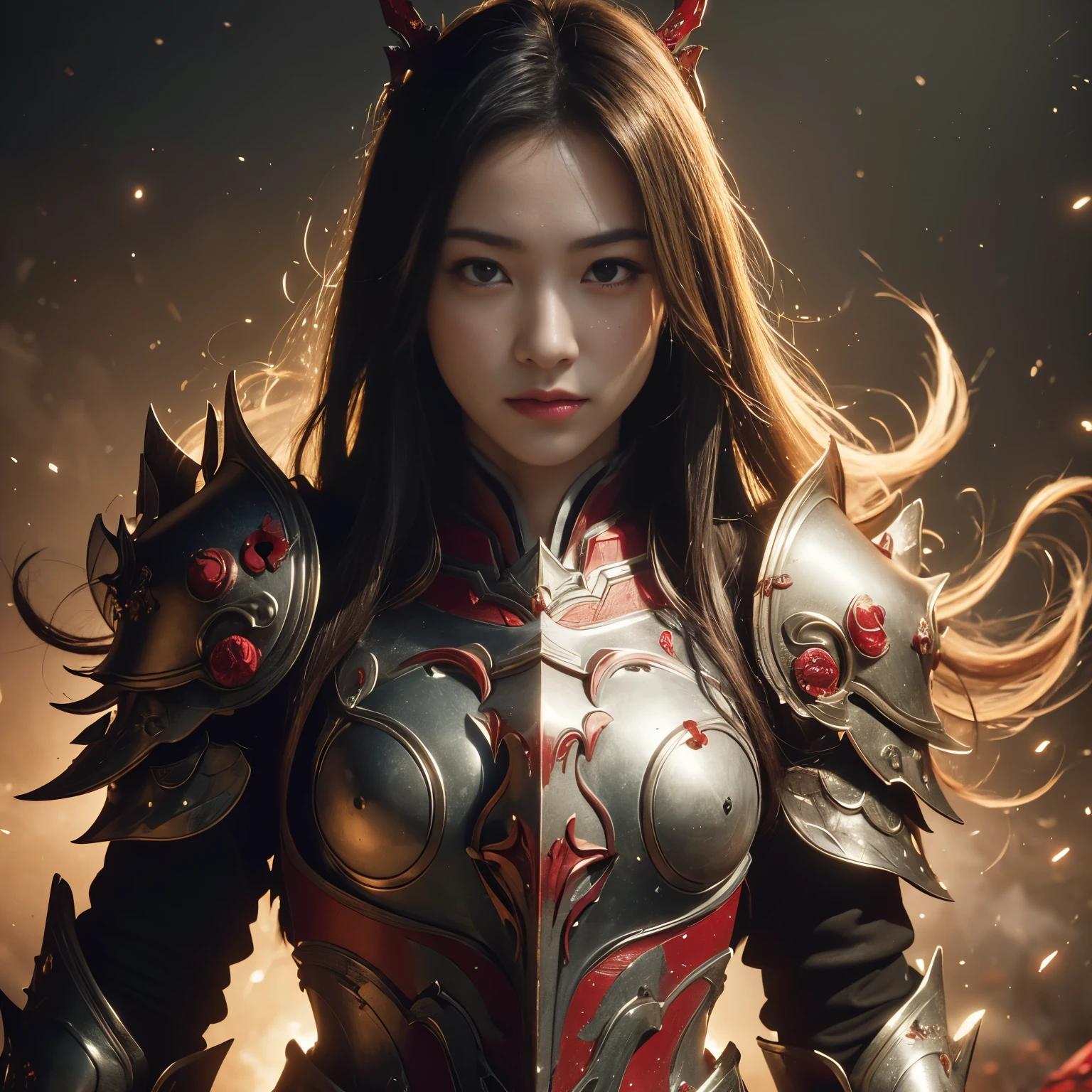 (((Realistic, masterpiece, best quality, crisp detail, high definition, high detail, sharp focus, perfect studio lightning))), 17 years old girl wearing heavy golden armor, japan style armor, full body armor, full decorated armor, damaged armor, long straight hair, dirty, sweating, bloodstained face, blood scattered armor, bloodbath, carnage, showing long blood scattered sword, an epic war, fire everywhere, smoke everywhere, blood everywhere, death everywhere, sorrounded by enemies, japan edo period, brutal battle background