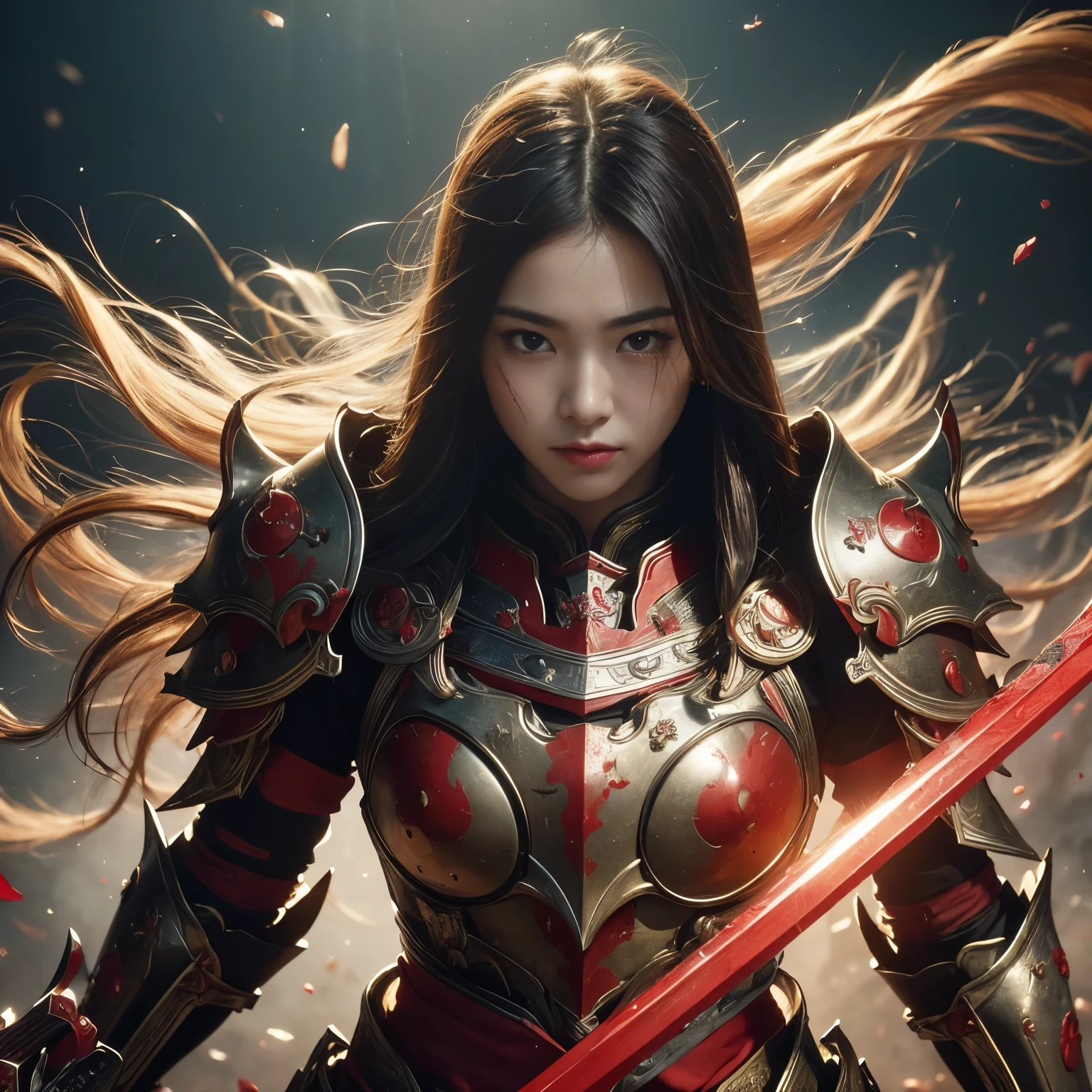 (((Realistic, masterpiece, best quality, crisp detail, high definition, high detail, sharp focus, perfect studio lightning))), 17 years old japanese girl wearing heavy golden armor, japan style armor, full body armor, full decorated armor, damaged armor, long straight hair, dirty, sweating, bloodstained face, blood scattered armor, bloodbath, carnage, swinging long blood scattered sword against cursed warriors, an epic war, fire everywhere, smoke everywhere, blood everywhere, death everywhere, japan edo period, brutal battle background