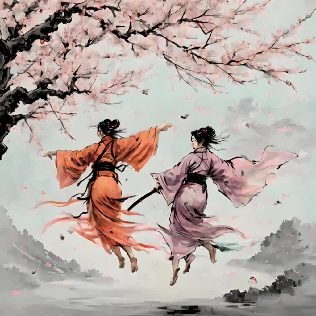 High Resolution, High Quality Sketch in color alcohol ink . The graphics are a masterpiece. Ukiyo-e style. Nihongo style. A Two beautiful Women in kimonos with katanas are flying between the trees and fighting. A reminiscence of the movie House of Flying Daggers. Cherry blossoms. The petals are flying. Movement. Sharp focus. 32k. Hyperdetalization., perfect composition, beautiful detailed intricate insanely detailed octane render trending on artstation, 8 k artistic photography, photorealistic concept art, soft natural volumetric cinematic perfect light, chiaroscuro, award - winning photograph, masterpiece,