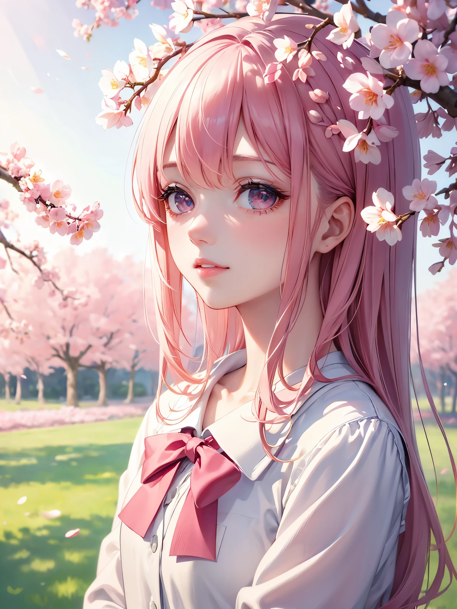 a girl standing under a flowering cherry tree, beautiful detailed eyes, beautiful detailed lips, long eyelashes, a gentle smile, a school uniform, pink petals falling softly, sunlight filtering through the branches, a peaceful and serene atmosphere, a slight breeze rustling the leaves, vibrant colors, a picturesque setting, the girl looking up at the blossoms in awe (best quality, highres, ultra-detailed), soft and delicate artwork, pastel tones, natural lighting.