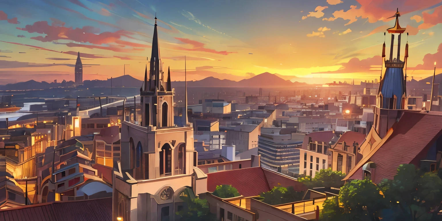 Anime - style painting depicting a sunset over a city with a church steeple, rio de janeiro in an anime film, beautiful cityscape, anime style cityscape, HD anime cityscape, Sacred City | figure, Inspired by Sylvain Saraira, anime scenery, beautiful anime scenery, anime background art, town background, Detailed Landscape - Width 672, Los Tran. scenic background