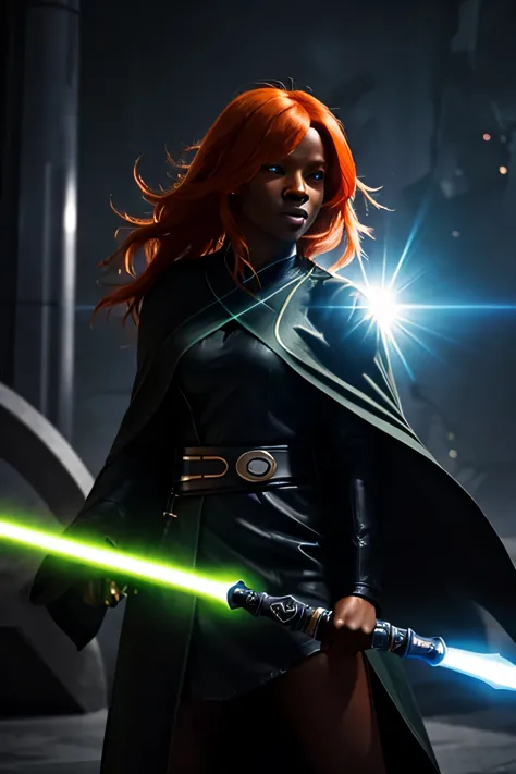 When a female orange-haired dark ebony Jedi, dressed is very sexy light green futuristic robe, with an ice-blue energy sword beg...