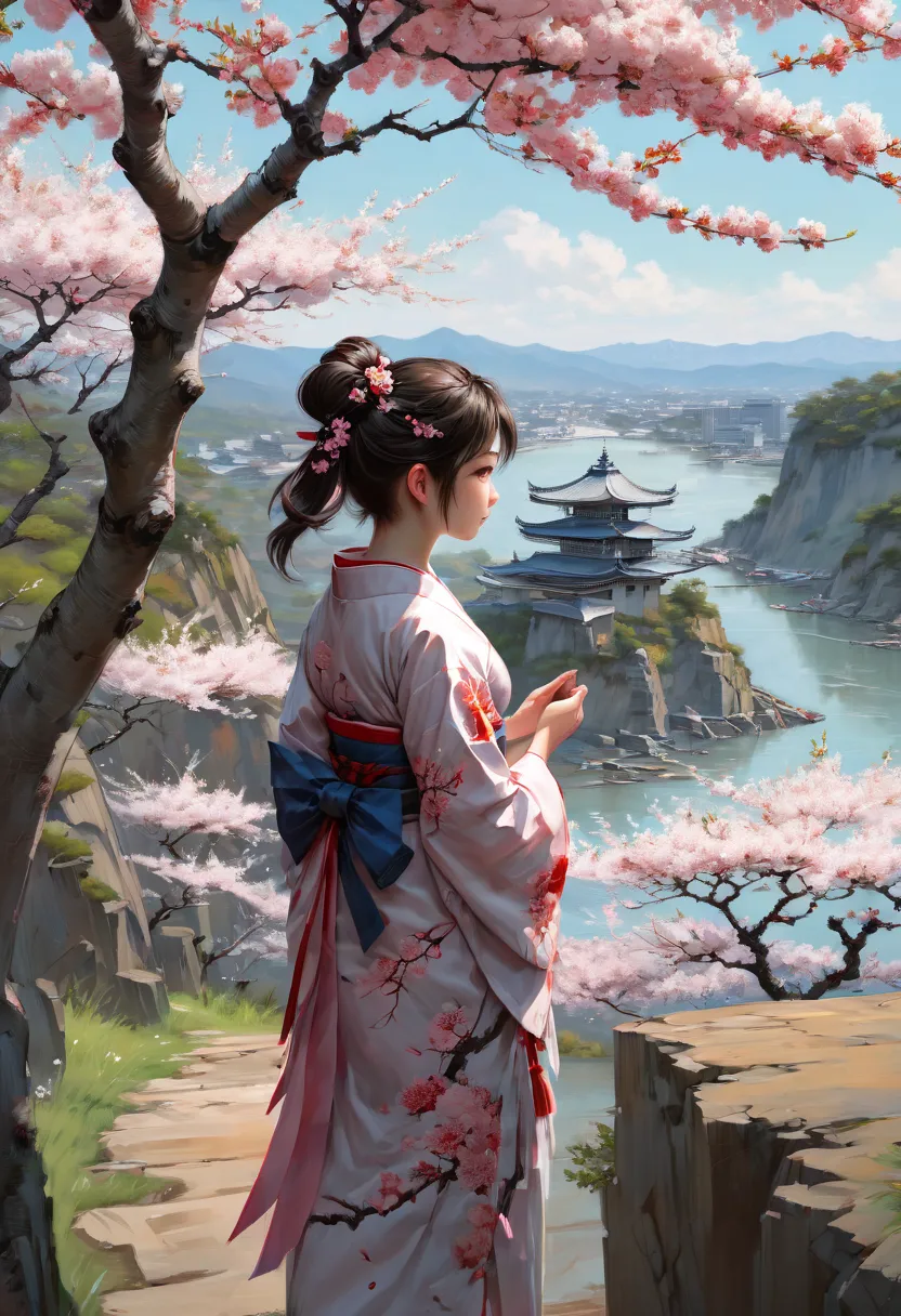 girl, sakura, cherry blossom tree, cliff, junoesque, masterful, noon, (best quality, masterpiece, representative work, official ...