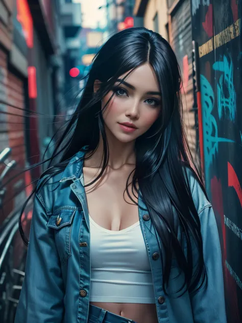 photorealistic, high resolution, 1 beautiful female, long straight hairstyle, black hair, denim streetwear, background back alle...