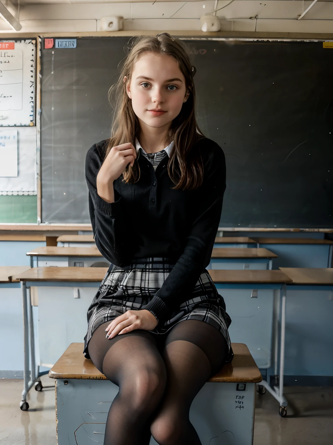 
The girl is sitting at the blackboard in the classroom and writing on the board. She is wearing tights, mature, 18 years old, and her photo was taken by someone sitting at the desk.