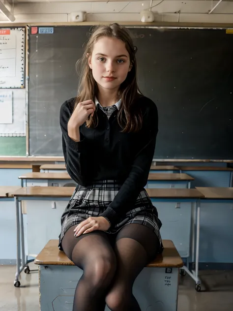 
The girl is sitting at the blackboard in the classroom and writing on the board. She is wearing tights, mature, 18 years old, a...