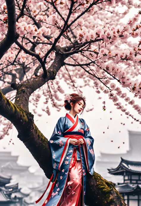 Dark fantasy of a cherry blossom maiden looking upwards, look up with a calm expression, spring, (((A lone bloom on a towering c...