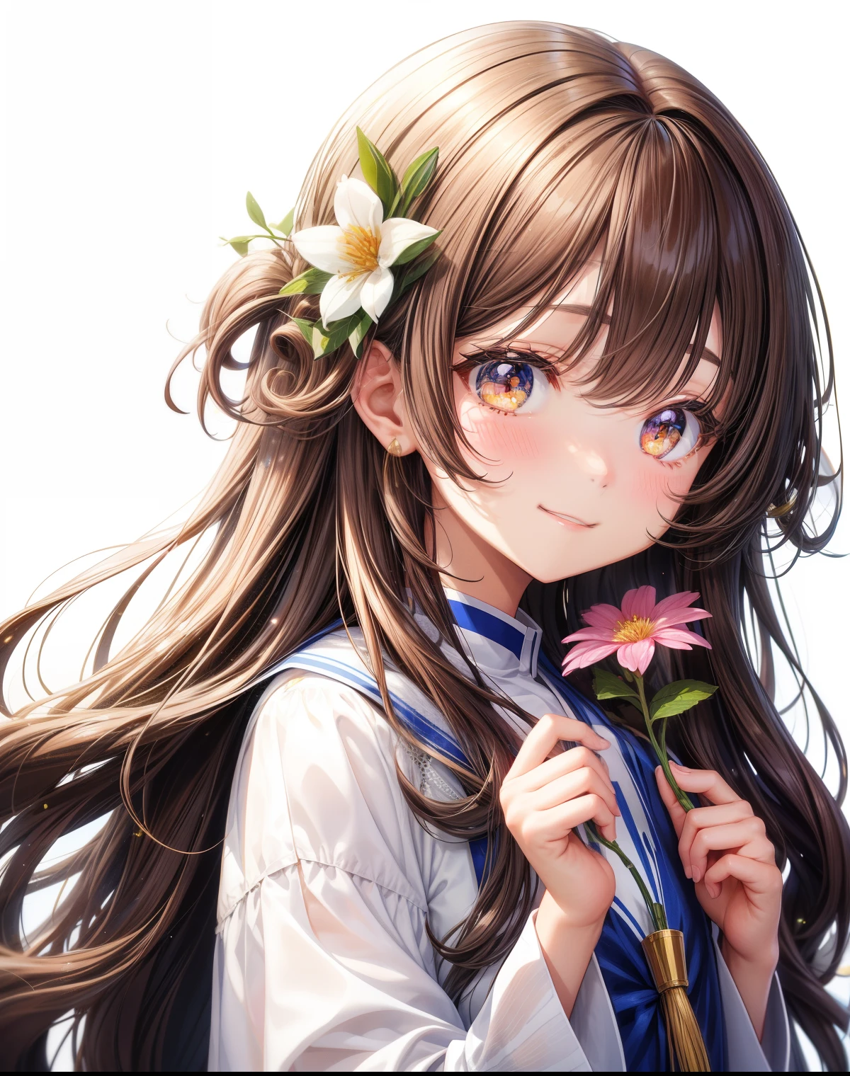 fille、fond blanc、pas de fond、カールしたcheveux longs、cheveux longs、cheveux bouclés、Frange contrastée、cheveux bruns、Mes yeux pétillent、souligner、fleur、fleurかんむり、髪の毛にfleurがついている、duveteux、Tous sont affichés、photographier tous les cheveux、Rougir、sourire、mignon、pas de fond