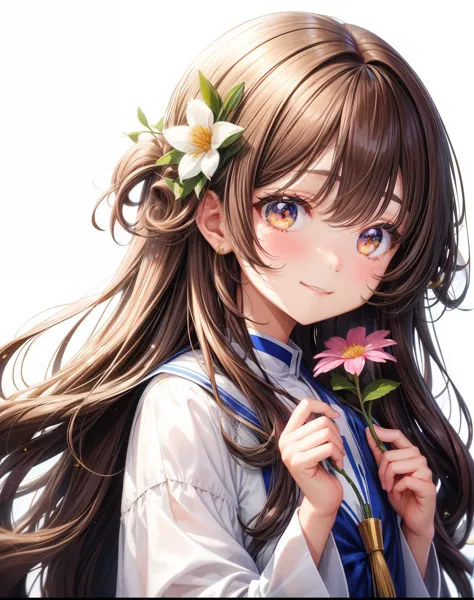 girl、white background、no background、カールしたlong hair、long hair、curly hair、contrasting bangs、brown hair、My eyes are sparkling、highl...