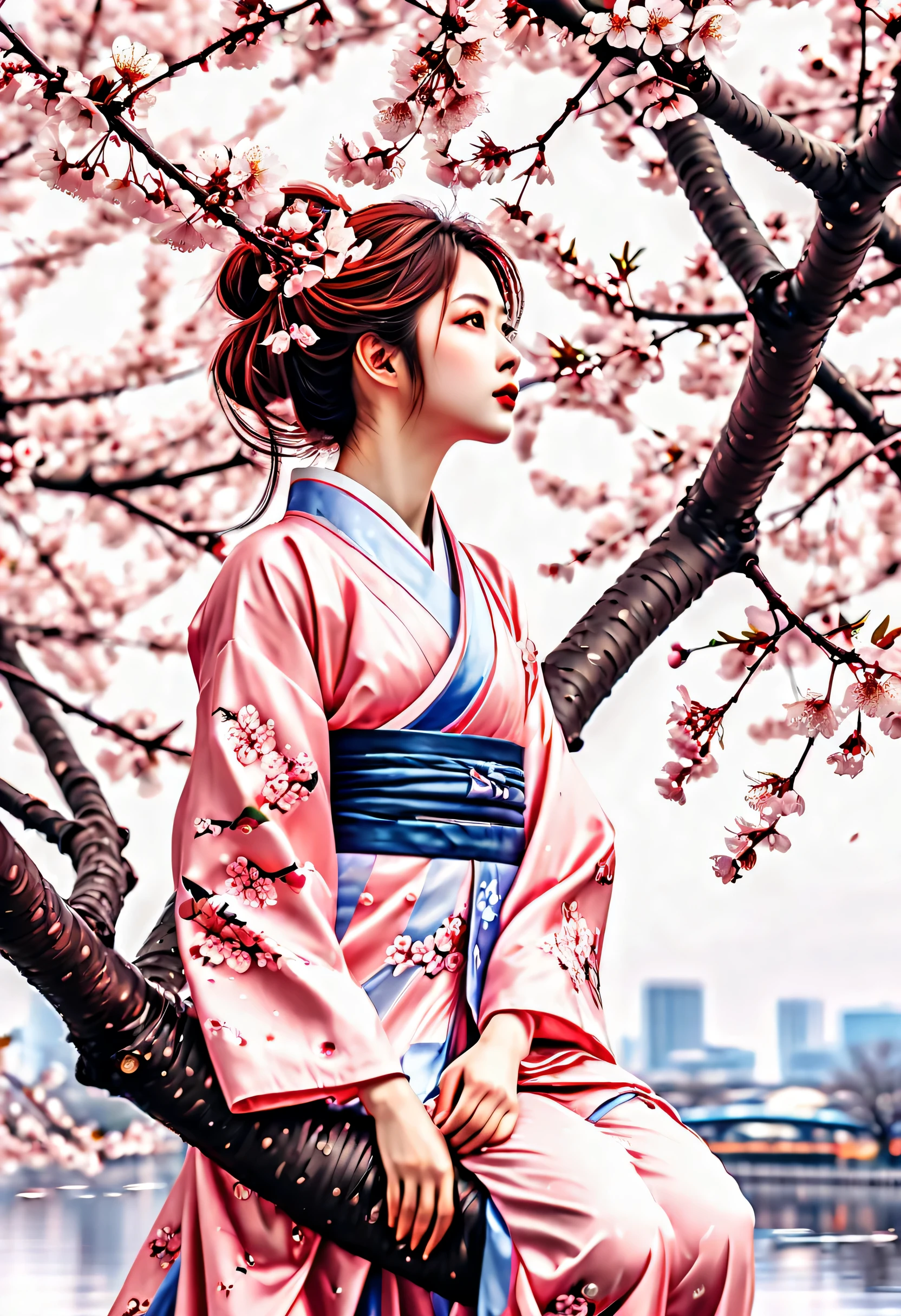  An elegant cherry blossom maiden looking upwards, look up with a calm expression, spring, (((A lone bloom on a towering cherry tree:1.3))), A dark rain began to fall, rain starts to fall around, Exceptional clarity, stunning watercolor illustration, highest quality, Delicate features are emphasized, vibrant and rich, Intricate details that highlight beauty, 