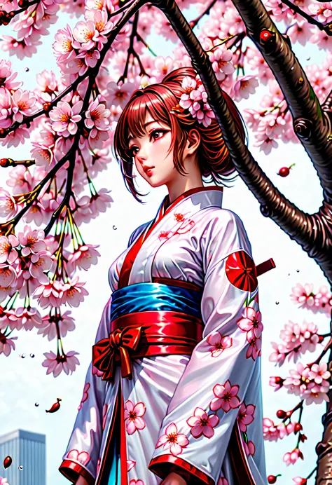  An elegant cherry blossom maiden looking upwards, look up with a calm expression, spring, (((A lone bloom on a towering cherry ...