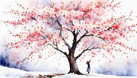 the girl on the far left, look up, (((Only flowers bloom on the big cherry tree:1.3))), it started to snow, stunning watercolor ...