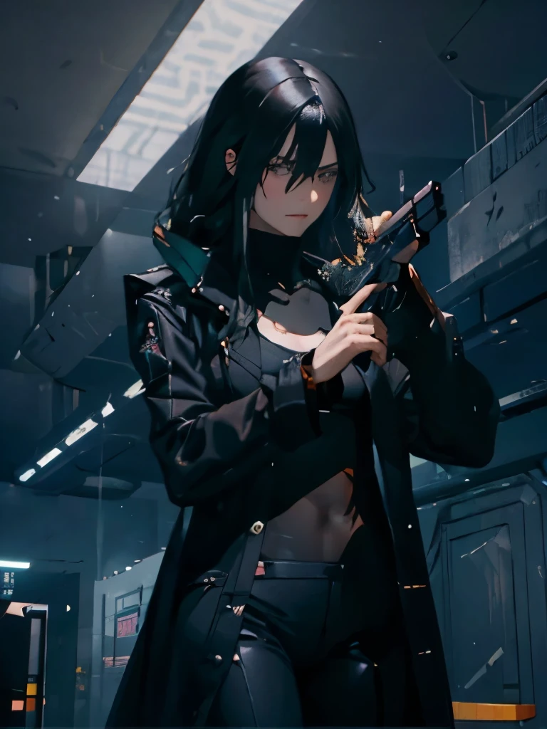 highest quality、black-haired slim woman、Center division where you can see the forehead、glare、small breasts、black long coat、white shirt、gray pants、Hold a pistol、Cyberpunk city at night