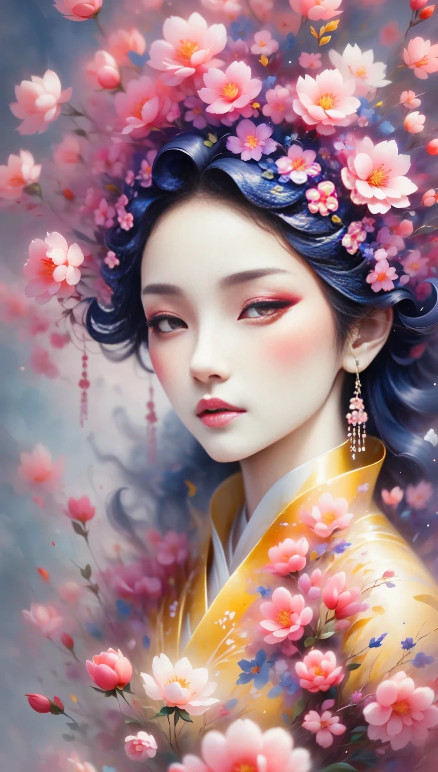 (((Baiyun，Sakura background))), (((high saturation))), ((surrounded by brilliant colors)))) super detailed, Beautiful and beautiful, masterpiece, best quality, (tangled, mandala, tangled, twist), (Fractal art: 1.3), 1 girl, Very detailed, dynamic angle, cowboy shooting, Chaos in its most beautiful form, elegant, brutalist design, bright colors, romanticism, Michael Mraz, Adrian Gurney, Petra Courtright, Atmospheric, ecstatic notes, Mobile phone notes are visible