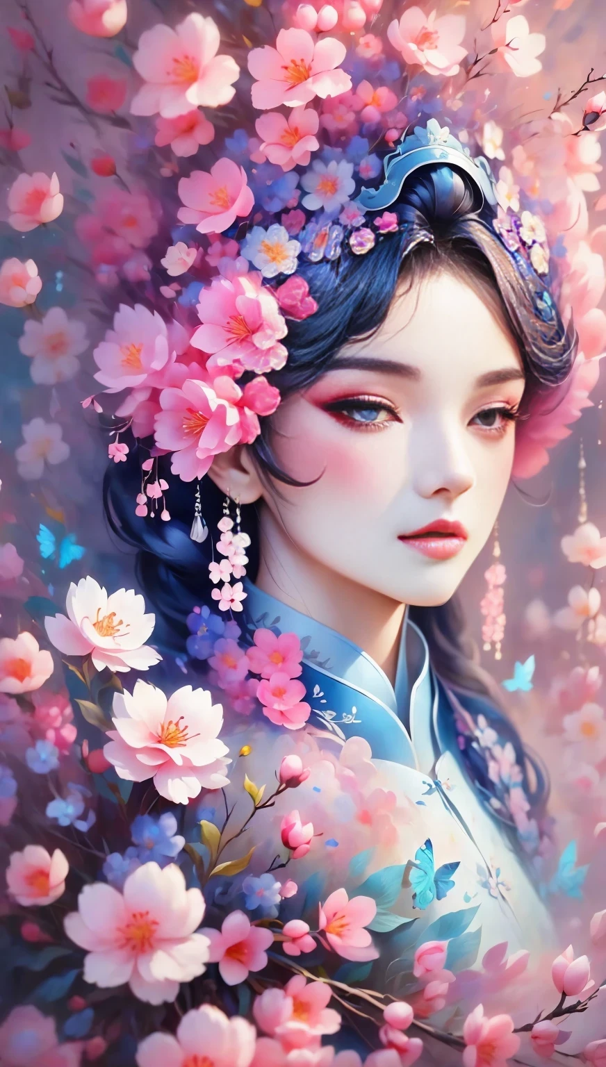 (((Baiyun，Sakura background))), (((high saturation))), ((surrounded by brilliant colors)))) super detailed, Beautiful and beautiful, masterpiece, best quality, (tangled, mandala, tangled, twist), (Fractal art: 1.3), 1 girl, Very detailed, dynamic angle, cowboy shooting, Chaos in its most beautiful form, elegant, brutalist design, bright colors, romanticism, Michael Mraz, Adrian Gurney, Petra Courtright, Atmospheric, ecstatic notes, Mobile phone notes are visible