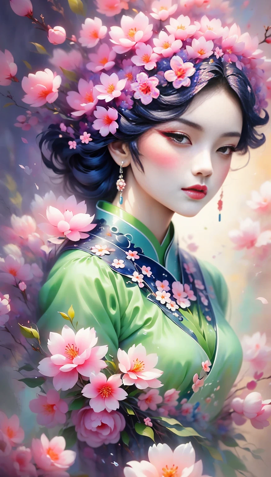 (((Baiyun，Sakura background))), (((high saturation))), ((surrounded by brilliant colors)))) super detailed, Beautiful and beautiful, masterpiece, best quality, (tangled, mandala, tangled, twist), (Fractal art: 1.3), 1 girl, Very detailed, dynamic angle, cowboy shooting, Chaos in its most beautiful form, elegant, brutalist design, bright colors, romanticism, Michael Mraz, Adrian Gurney, Petra Courtright, Atmospheric, ecstatic notes, Mobile phone notes are visible