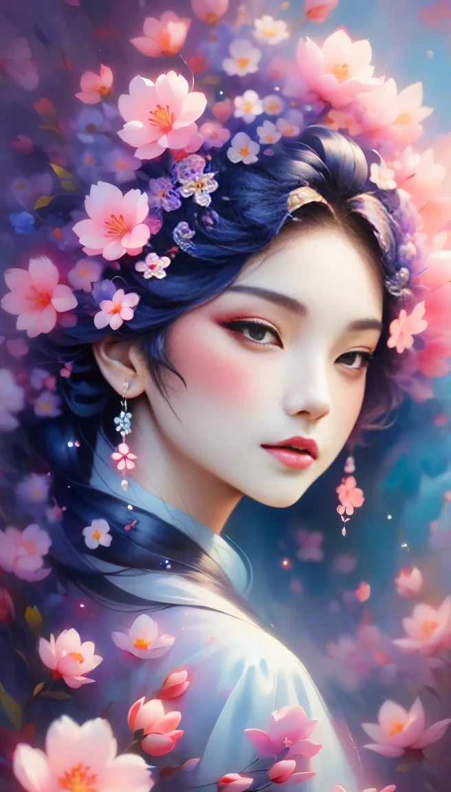 (((Baiyun，Sakura background))), (((high saturation))), ((surrounded by brilliant colors)))) super detailed, Beautiful and beautiful, masterpiece, best quality, (tangled, mandala, tangled, twist), (Fractal art: 1.3), 1 girl, Very detailed, dynamic angle, cowboy shooting, Chaos in its most beautiful form, elegant, brutalist design, bright colors, romanticism, Michael Mraz, Adrian Gurney, Petra Courtright, Atmospheric, ecstatic notes, Mobile phone notes are visible