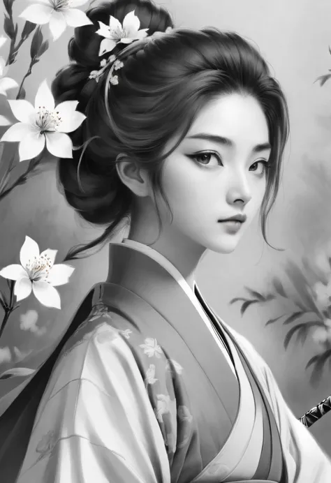 girl，swordsman，Ancient, Acura, Floral fragrance, alone, Hanfu, Flower lines draw the background, White background, monomer, draw...