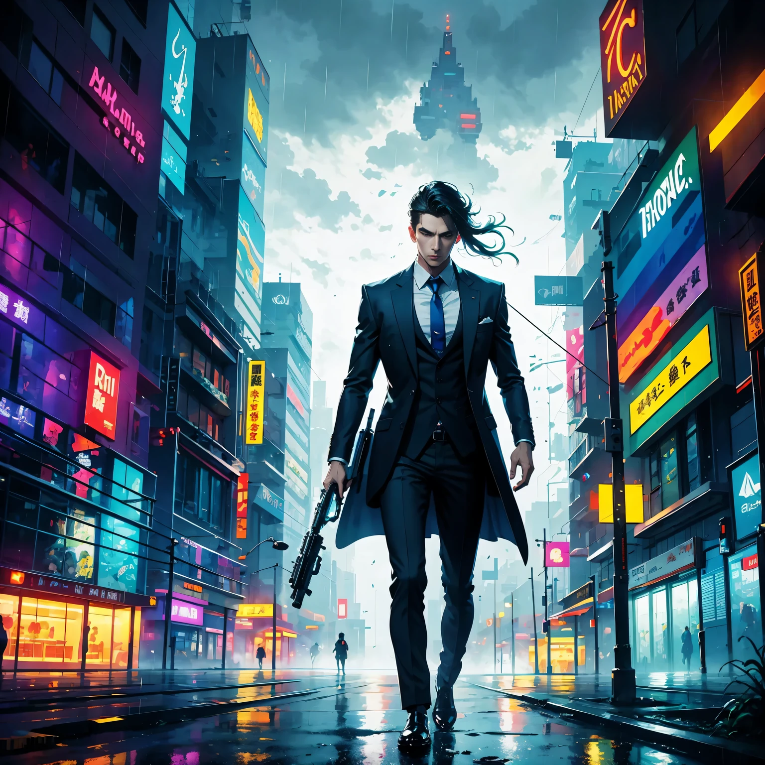 (masterpiece, best quality:1.2), Graffiti caricatures，full image, High resolution and high contrast,simple,rainy night，Futuristic male agent, His face is very determined, intense gaze, shiny black hair, Detailed futuristic silver pistol,,wearing black suit,, Stylish and well-fitting, dynamic action poses, Light, futuristic city background, neon Lights, Sci-fi atmosphere, strong shadow, smoke and fog, High-tech products, 神秘的Light环，alone，Abstract surreal colors, popular geometric surrealism, rainbow colored dreams