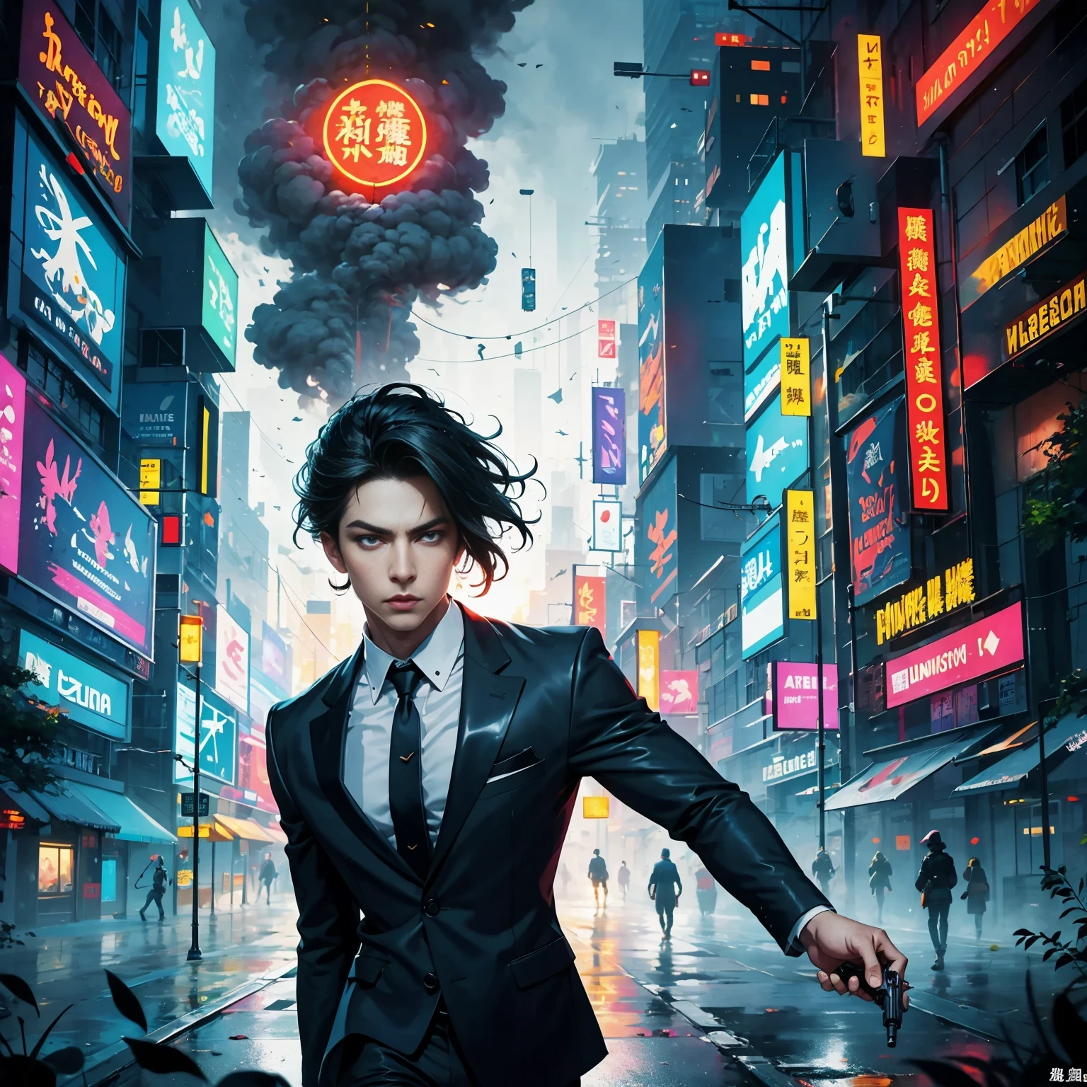 (masterpiece, best quality:1.2), Graffiti caricatures，full image, High resolution and high contrast,simple,rainy night，Futuristic male agent, His face is very determined, intense gaze, shiny black hair, Detailed futuristic silver pistol,,wearing black suit,, Stylish and well-fitting, dynamic action poses, Light, futuristic city background, neon Lights, Sci-fi atmosphere, strong shadow, smoke and fog, High-tech products, 神秘的Light环，alone，Abstract surreal colors, popular geometric surrealism, rainbow colored dreams