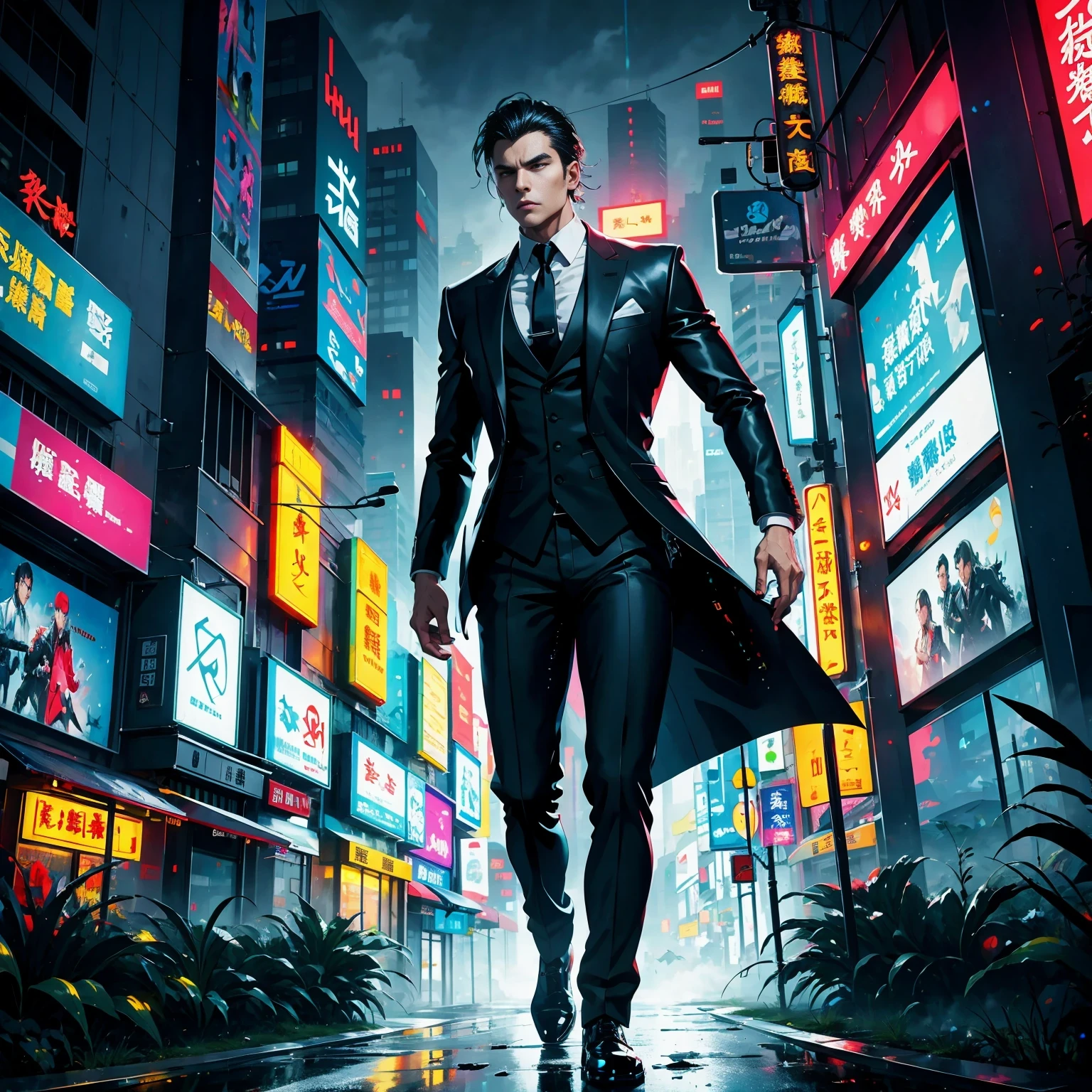 (masterpiece, best quality:1.2), Graffiti caricatures，full image, High resolution and high contrast,simple,rainy night，Futuristic male agent, His face is very determined, intense gaze, shiny black hair, Detailed futuristic silver pistol,,wearing black suit,, Stylish and well-fitting, dynamic action poses, Light, futuristic city background, neon Lights, Sci-fi atmosphere, strong shadow, smoke and fog, High-tech products, 神秘的Light环，alone，Abstract surreal colors, popular geometric surrealism, rainbow colored dreams