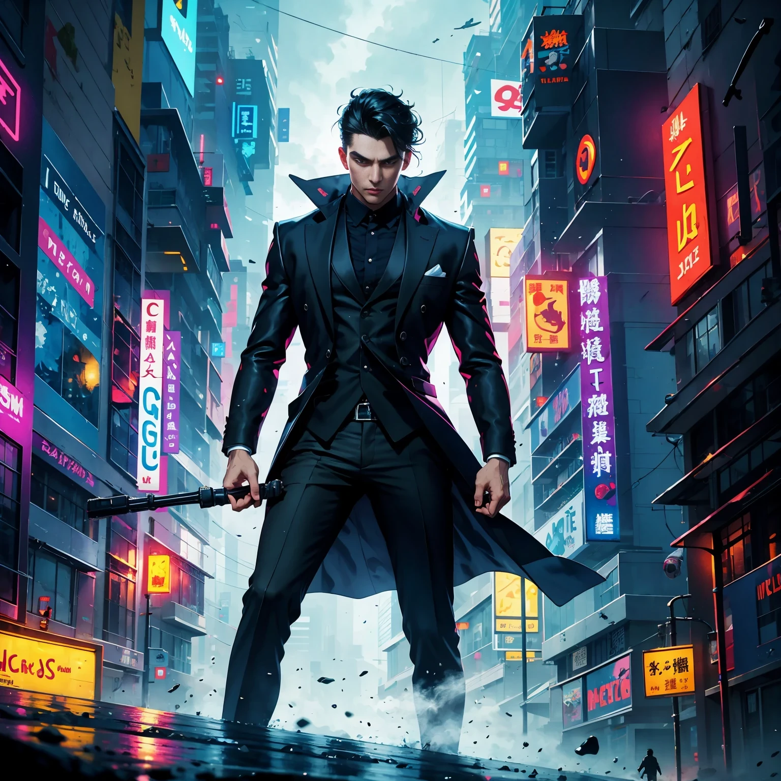 (masterpiece, best quality:1.2), Graffiti caricatures，full image, High resolution and high contrast,simple,rainy night，Futuristic male agent, His face is very determined, intense gaze, shiny black hair, Detailed futuristic silver pistol,,wearing black suit,, Stylish and well-fitting, dynamic action poses, Light, futuristic city background, neon Lights, Sci-fi atmosphere, strong shadow, smoke and fog, High-tech products, 神秘的Light环，alone，Abstract surreal colors, popular geometric surrealism, rainbow colored dreams