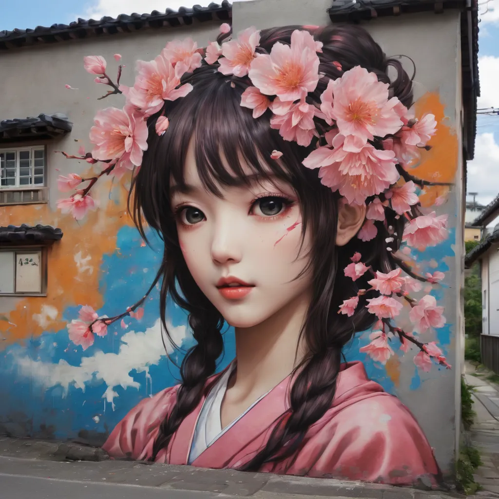(masterpiece, best quality), Graffiti of a magical sakura maiden, on a street wall, signed by the word "TUPU".