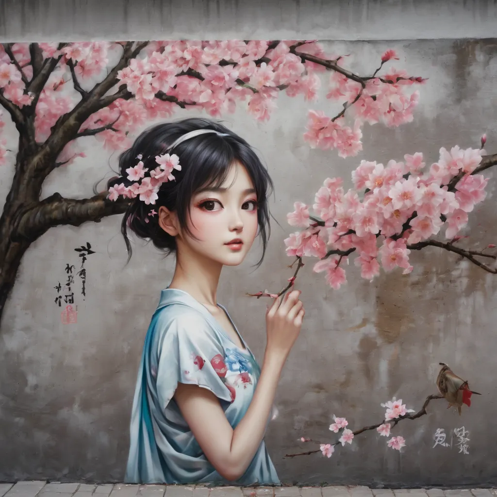 (masterpiece, best quality), graffiti of a magical sakura maiden, on a street wall, signed by the word "tupu".