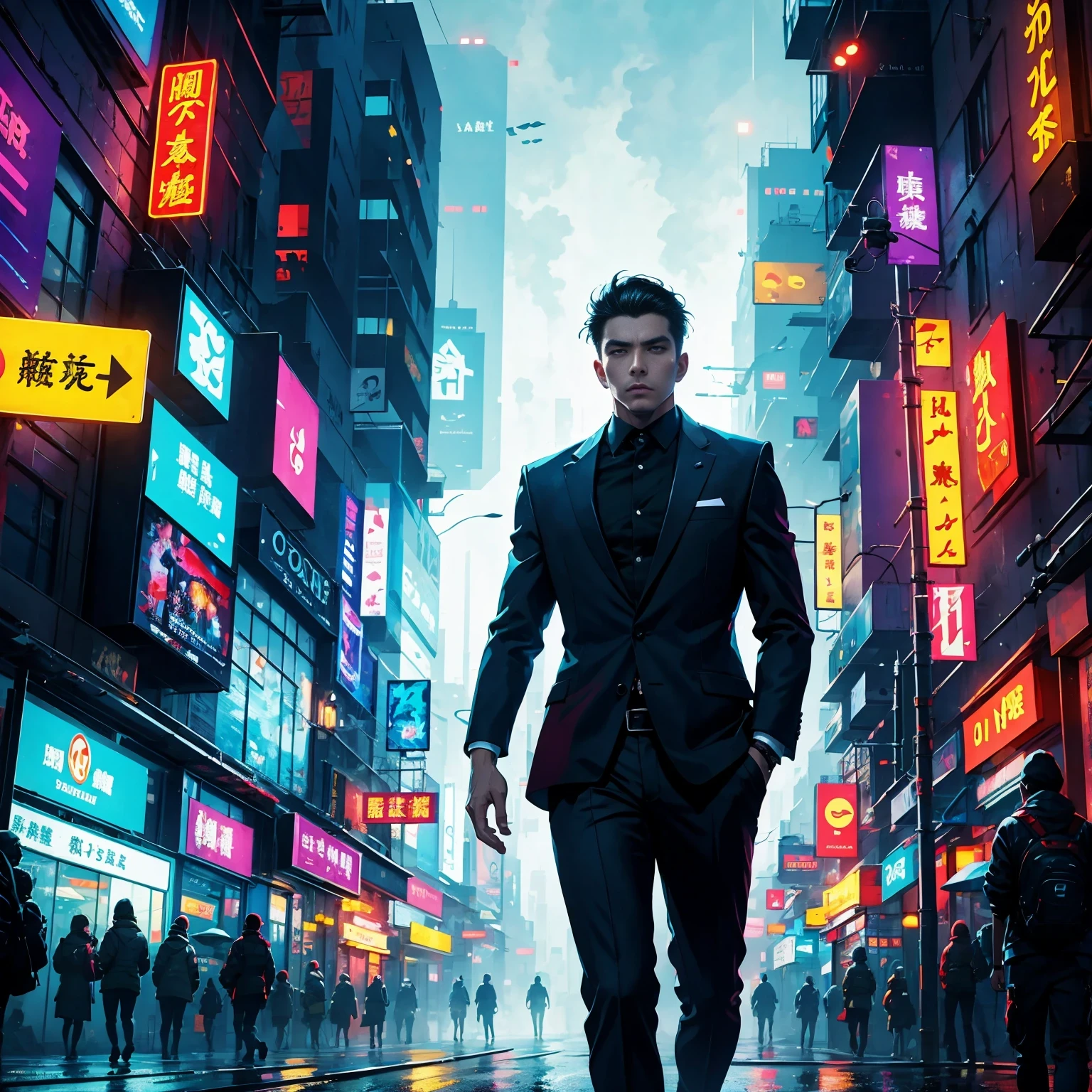 (masterpiece, best quality:1.2), Graffiti caricatures，full image, High resolution and high contrast,simple,rainy night，Futuristic male agent, His face is very determined, intense gaze, shiny black hair, Detailed futuristic silver pistol,,wearing black suit,, Stylish and well-fitting, dynamic action poses, Light, futuristic city background, neon Lights, Sci-fi atmosphere, strong shadow, smoke and fog, High-tech products, 神秘的Light环，alone，Abstract surreal colors, popular geometric surrealism, rainbow colored dreams