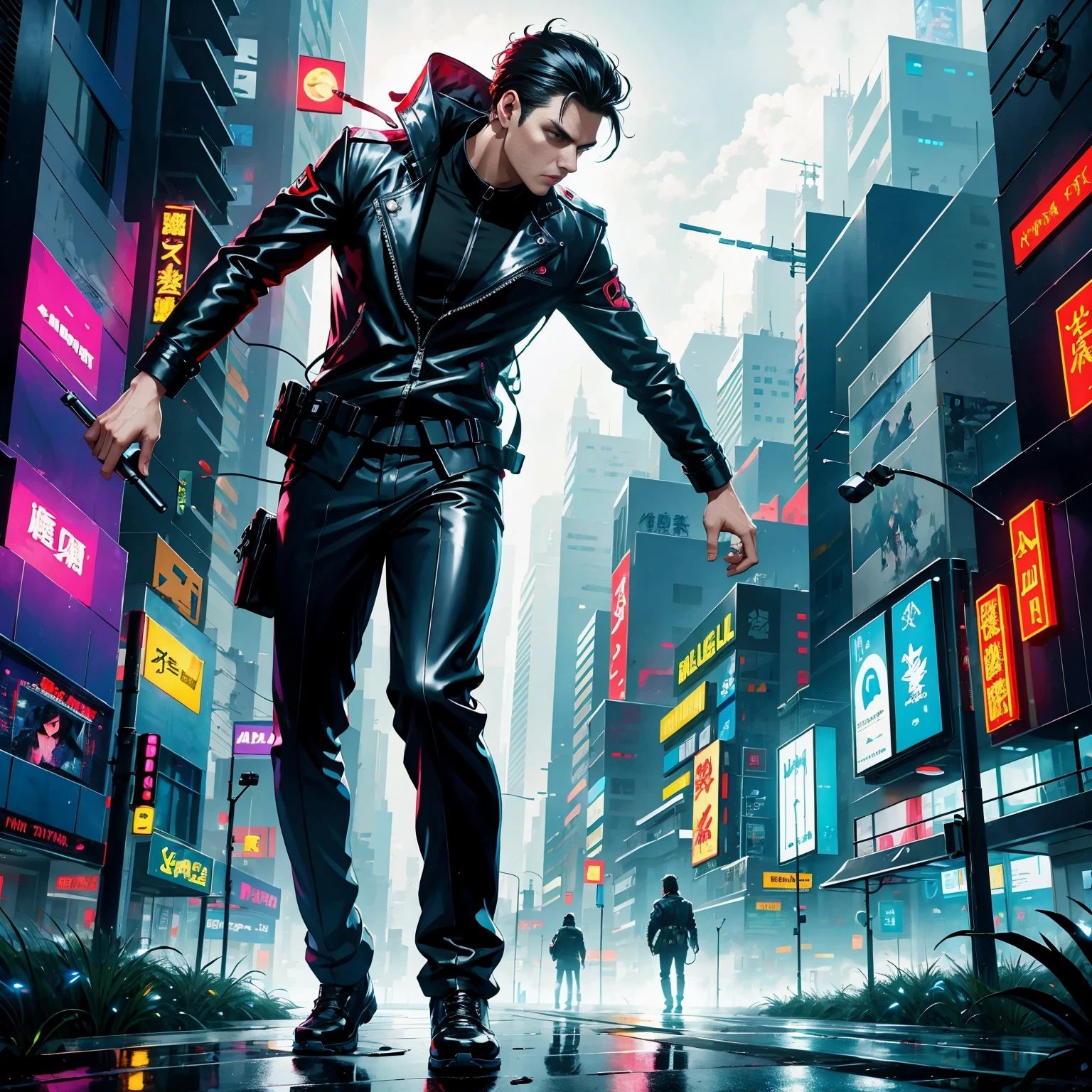 (masterpiece, best quality:1.2), Graffiti caricatures，full image, High resolution and high contrast,simple,rainy night，Futuristic male agent, His face is very determined, intense gaze, shiny black hair, Detailed futuristic silver pistol,,wearing black suit,, Stylish and well-fitting, dynamic action poses, Light, futuristic city background, neon Lights, Sci-fi atmosphere, strong shadow, smoke and fog, High-tech products, 神秘的Light环，alone，Abstract surreal colors, popular geometric surrealism, rainbow colored dreams