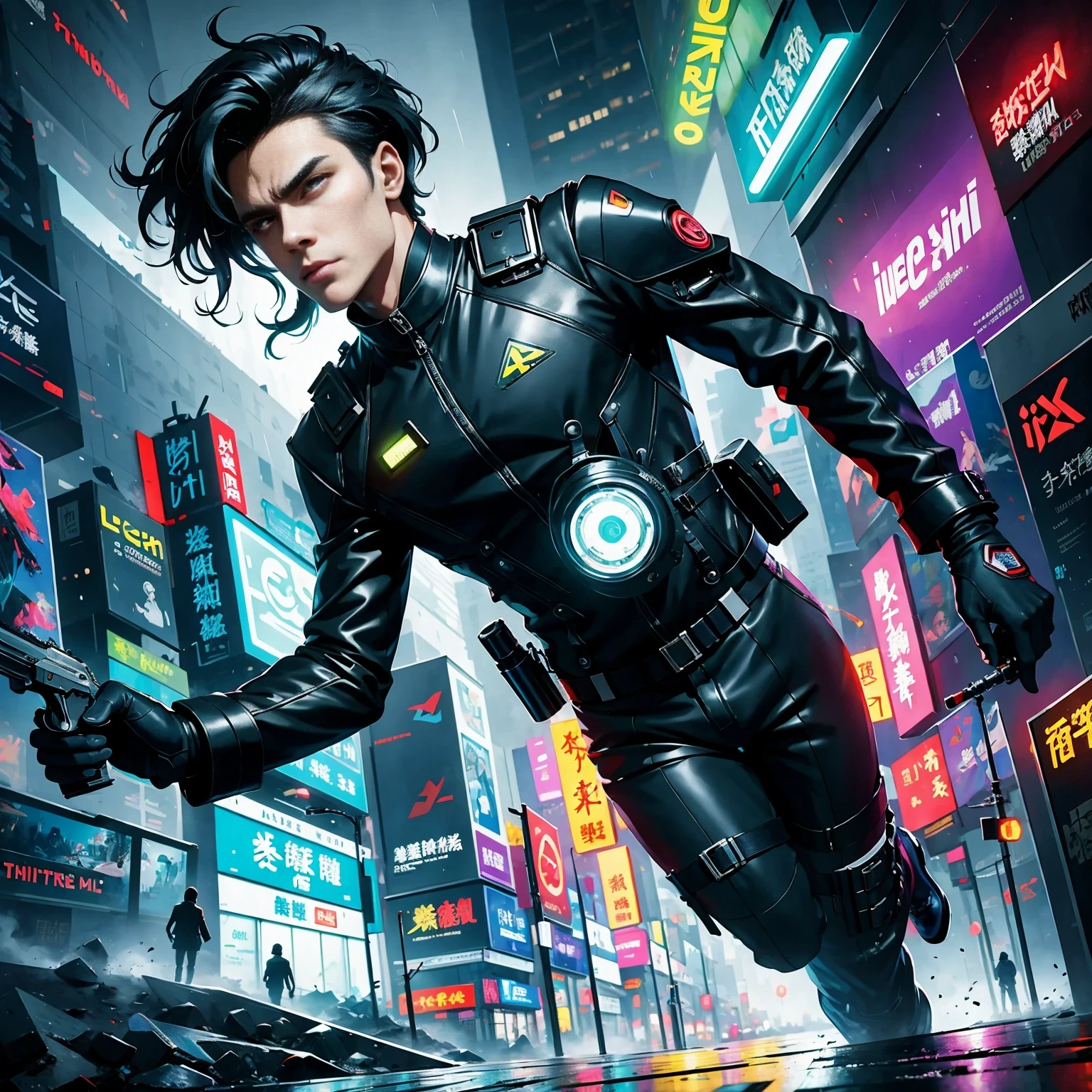 (masterpiece, best quality:1.2), Graffiti caricatures，full image, High resolution and high contrast,simple,rainy night，Futuristic male agent, His face is very determined, intense gaze, shiny black hair, Detailed futuristic silver pistol,,wearing black suit,, Stylish and well-fitting, dynamic action poses, Light, futuristic city background, neon Lights, Sci-fi atmosphere, strong shadow, smoke and fog, High-tech products, 神秘的Light环，alone，Abstract surreal colors, popular geometric surrealism, rainbow colored dreams