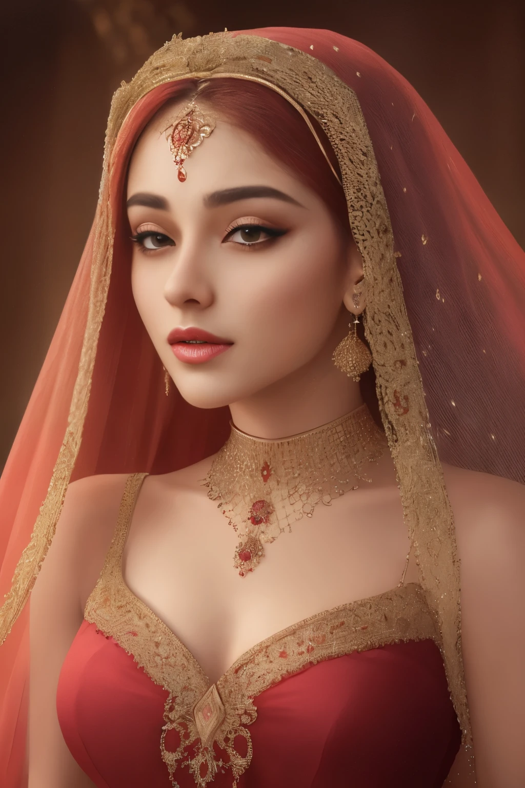 Un primer plano de una mujer que lleva un velo de joyas de cristal rojo degradado y un tocado dorado., ilustración digital impresionante, rostro cubierto con un hermoso velo,Arte digital 4k muy detallado, obra de arte digital hermosa, arabian beauty, hermosa ilustración digital, Impresionantes obras de arte en 8K, arte detallado de alta calidad 8k, wlop intrincado, retrato de belleza detallado, princesa árabe, hermoso retrato detallado, hermoso arte uhd 4k