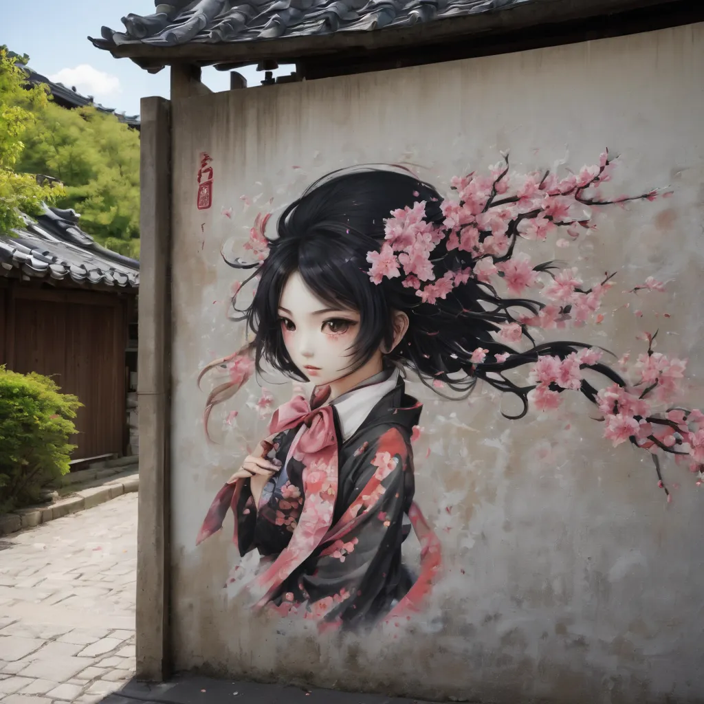 (masterpiece, best quality), Graffiti of a magical sakura maiden, on a street wall, signed by the word "TUPU".