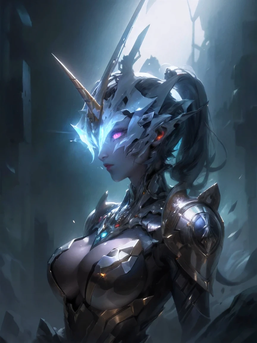 1 girl, no face, mysterious, helmet, unicorn horn, glowing eyes,  Extreme detail expression, Glossy metal, dynamic angle, detailed light, dramatic_shadow, ray_tracing, reflection,Raw, cinematic shot, (sharp focus:1.5), (photorealistic:1.2), twilight lighting, volumetric lighting, ultra high res, 16K,dramatic lighting,