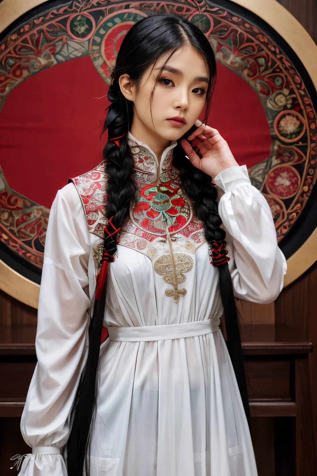 Girl 02, Shooting with Nikon Z7 II mirrorless camera,120mm F/4 Wide angle
Girl 02, 1girl in, Solo, Long hair, Looking at Viewer, Black hair, Long sleeves, braid
Wearing a white dress、Woman wearing black braid with blue and red pattern on neck, Chen Lu, art nouveau fashion embroidered, Portrait of character, Delaying Americanism、Holding an old map in one hand、
Woman wearing black top and red scarf with red and white design around neck, Chen Ji, art nouveau fashion embroidered, Silkscreen, Shippo Doctrine
Highest quality, masutepiece, ultra-detailliert, Cowboy Shot, flowing, 3DMM, ink sketch, color ink, Ink Rendering, Octane Render, pastels, rice paper, 1girl in, Beautiful detailed eyes, (alternate hairstyle), ultra-detailed hair, Graceful, (Charming), (Delicate), Pretty, Cute, Lace dress, The text in the center of the frame, Rhythm, Fantasy, Looking at Viewer,