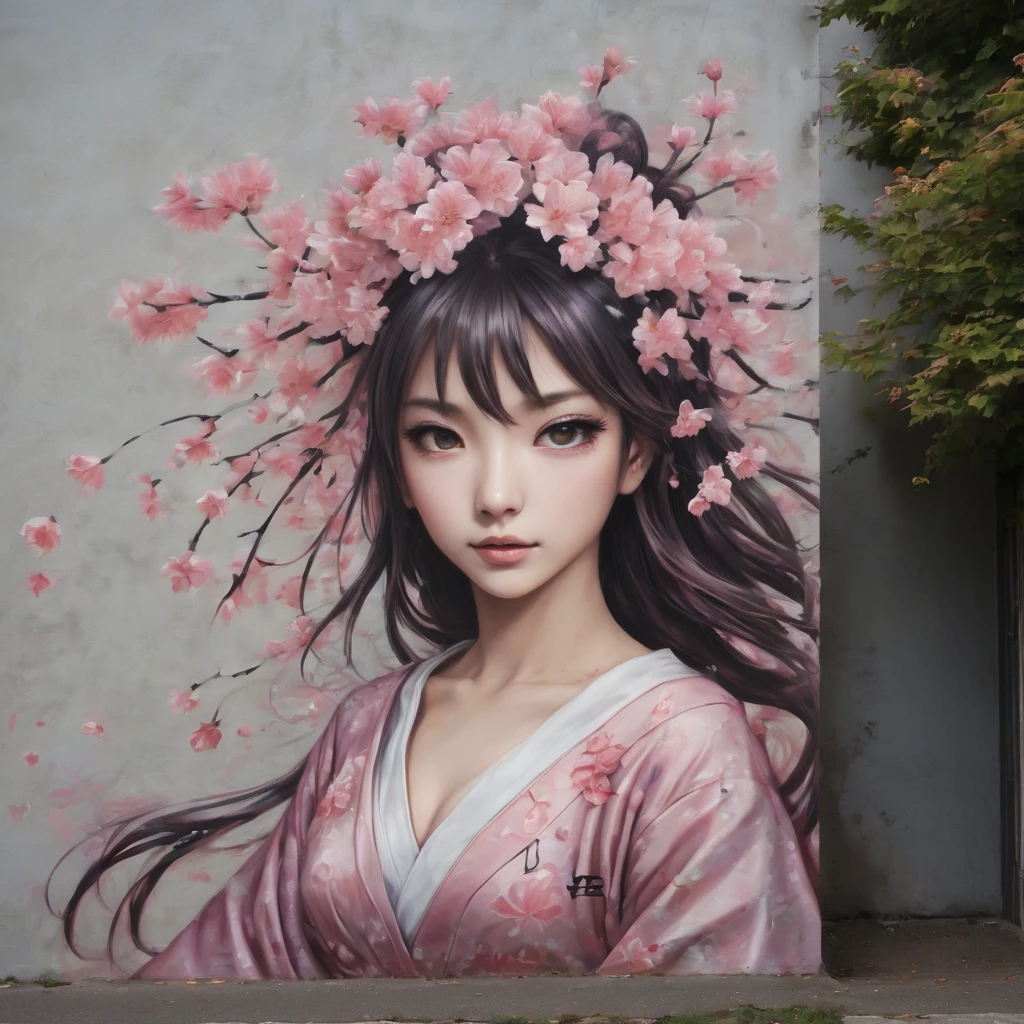 (masterpiece, best quality), Graffiti of a magical sakura maiden, on a street wall, signed by the word "TUPU".