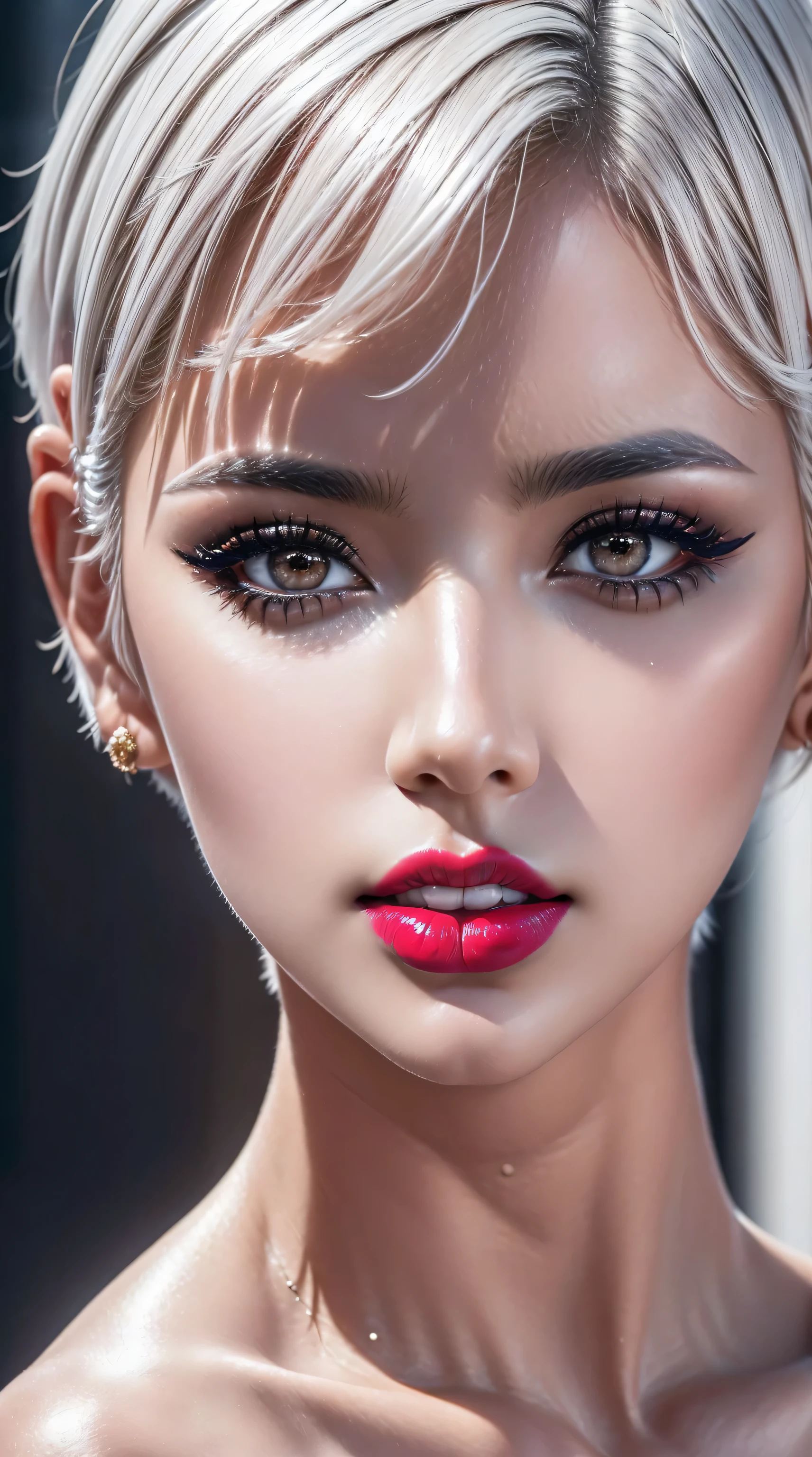 ((perfect round eyes))、dressed, (details of a very beautiful face)(best quality:1.4)16k resolution,(photo realistic:1.65), (realistic:1.65), (smoother lighting:1.05), (increase cinematic lighting quality:0.2), 16k, (1girl:1.4) 21years old、fashion supermodel、realistic lighting, backlighting, light on face, ray trace, (brightening light:1.1), (Increase quality:1.3), (best quality real texture skin:1.2), (ultra detailed eyes), finely detailed face, ((finely quality eyes)), (tired and sleepy and satisfied:0.0), ((face closeup:1.1)), (detailed lips:1.33)、(Detailed nose:1.2)、(Increase body line mood:1.1), (Increase skin texture beauty:1.3), (small head: 1.4)、(slim face), ((anatomically correct)), pink_makeup:1.3, long_blue_eyeliner:1.35, (red_lipstick:1.32), perfect dark_eyeshadows:1.35, there a close up of a woman's, (super detailed makeup on eyes:1.3), iridescent eyes, with professional makeup, vibrant eyes:1.2, ((Glamour, paparazzi taking pictures of her), (very complicated Extravagant street outfit), The attention to detail, Double eyelids, Wear an off-the-shoulder top, full bodyesbian，((White short hair:1.43)), ((brown_eyes:1.44)), contrast、 (dark shot:1.08)、 UHD, Extremely detailed, voluminetric warm lighting,