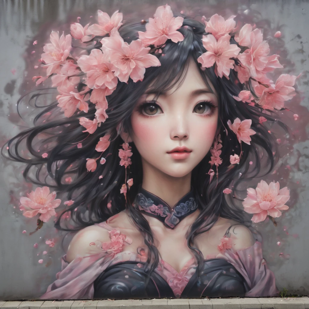 (masterpiece, best quality), Graffiti of a magical sakura maiden, on a street wall, signed by the word "TUPU".