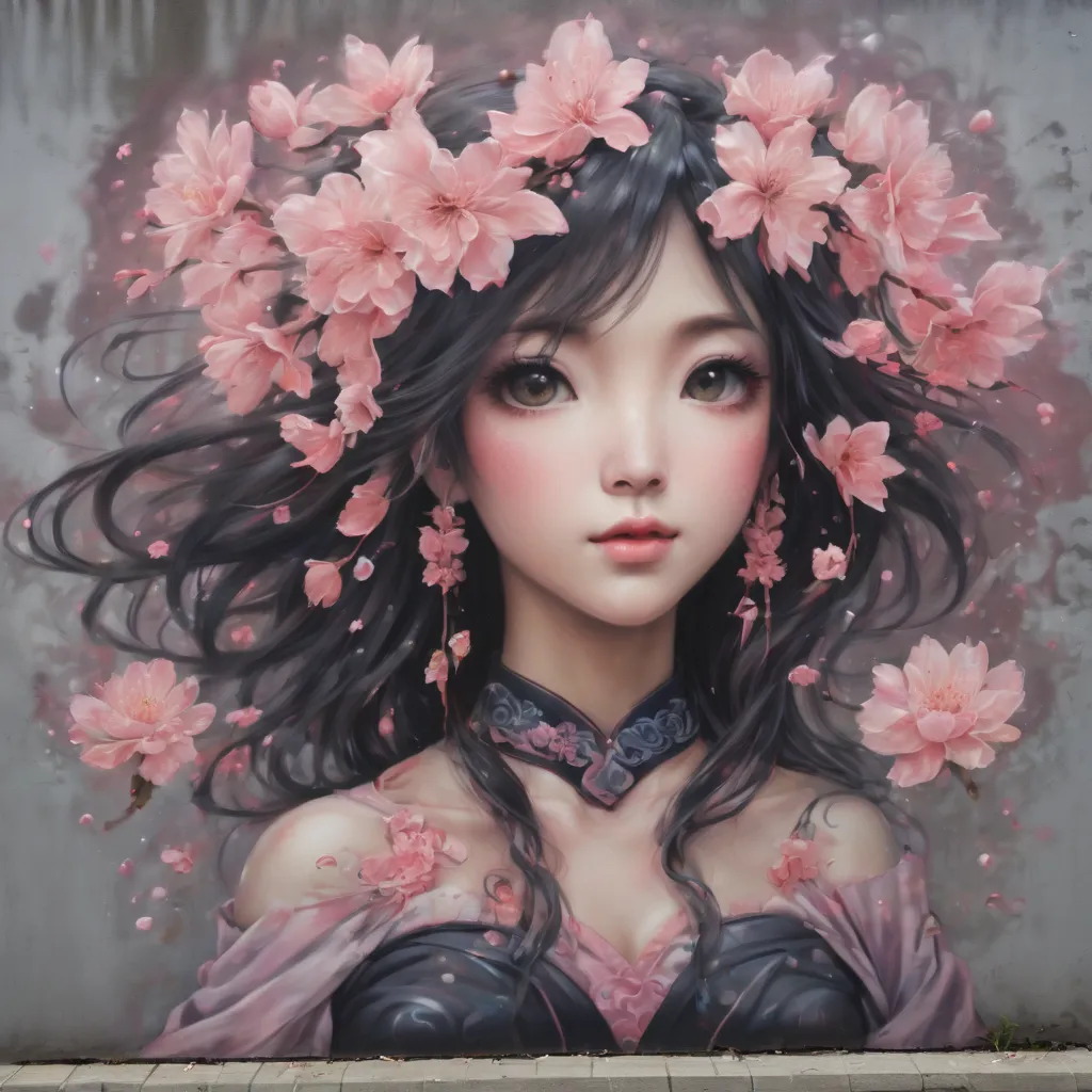 (masterpiece, best quality), graffiti of a magical sakura maiden, on a street wall, signed by the word "tupu".