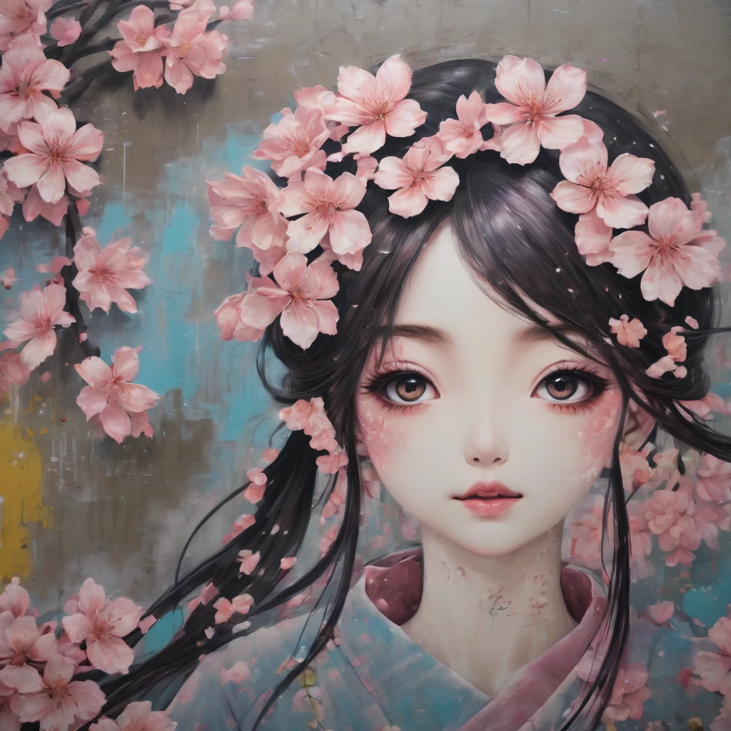 (masterpiece, best quality), Graffiti of a magical sakura maiden, on a street wall, signed by the word "TUPU".