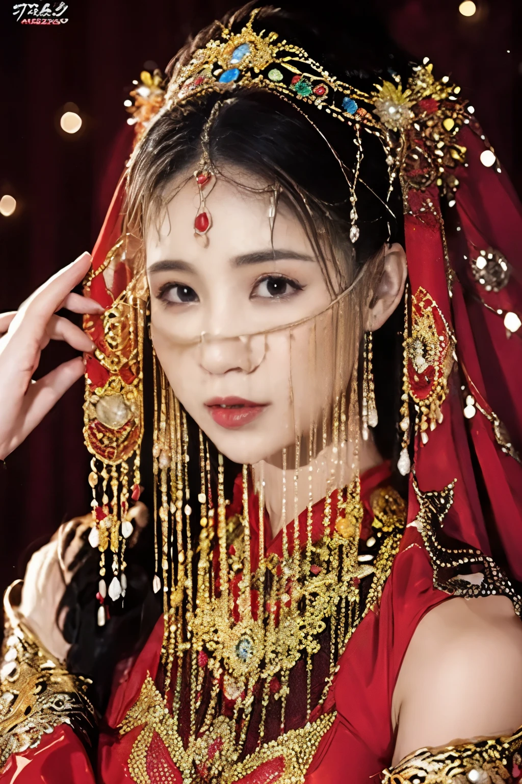 （（（Eyes are very delicate）））（（（hair accessories）））（（（veil（24））））（（（veil））），necklace，Wearing a red transparent sexy silk dress， ((skin glowing))The room is filled with Chinese New Year decorations（（（masterpiece）））， （（best quality））， （（intricate details））， （（Surreal））（8K）