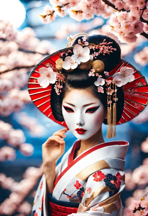 (Geisha standing gracefully under the cherry blossoms), Exquisite cherry blossom paper fan, her whole body,
The base makeup is v...