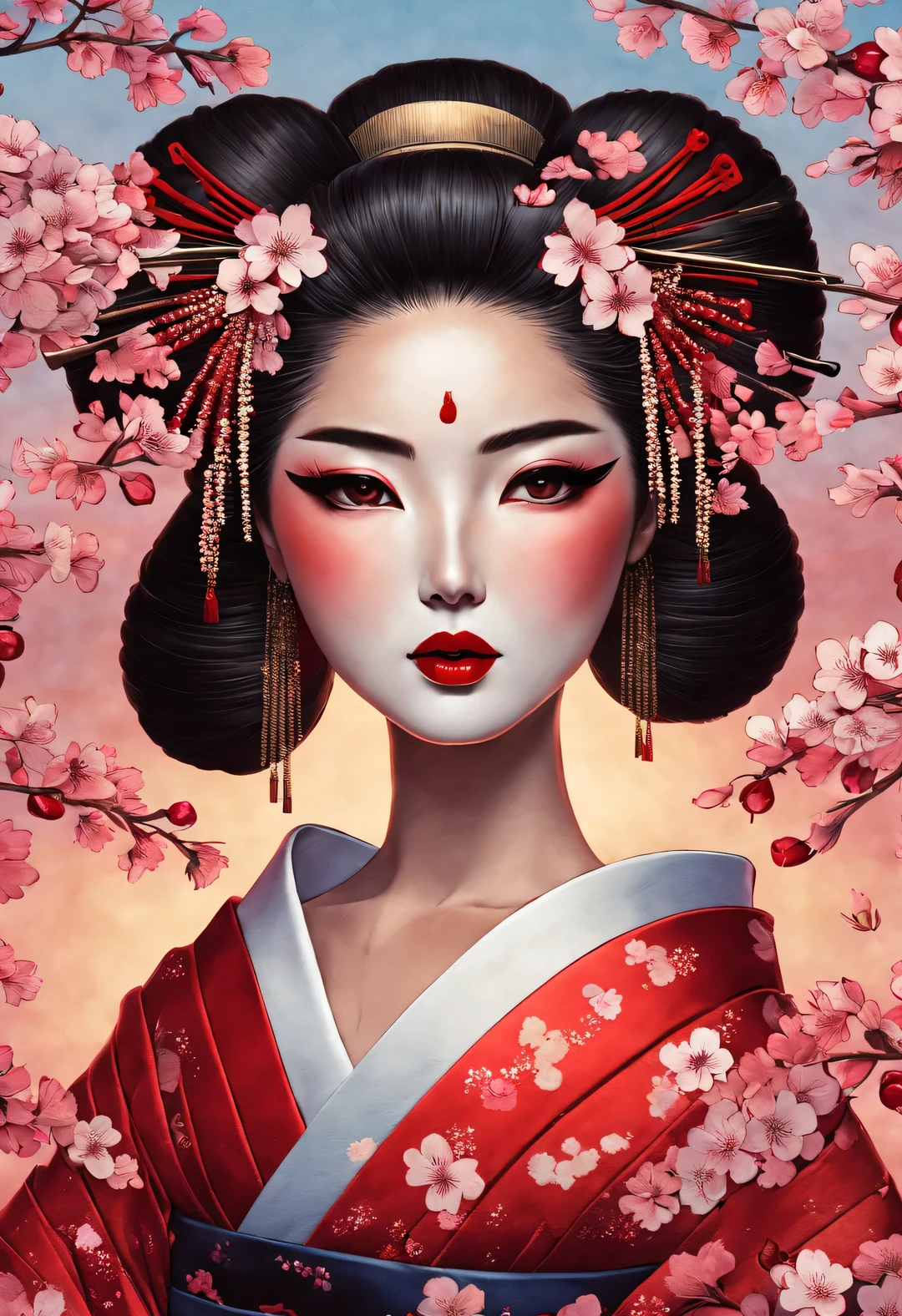 A geisha stands gracefully under the cherry blossoms, There are a lot more, Many red cherry blossom petals fall one after another,
White base makeup on girl&#39;s face without any highlight or shadow decoration. All-white makeup covering face and neck. Red lip makeup is a small mouth that is smaller than the normal lip area. Thick eyeliner can emphasize the eye contour, Strengthen eyes, Pupils appear dark and deep. One-line eyebrows are eye-catching without being harsh, And the whole face is clean. Typical Japanese Geisha makeup,
Wearing a gorgeous kimono embroidered with black and gold cherry blossoms, This is a long-sleeved kimono, Wearing Japanese clogs,
background: under the sunset, Many red cherry blossom petals fall one after another, deep pink and blue,
Surrealism, Realistic depiction of light and shadow, Real and exaggerated photos, super high quality, Super detailed details, movie shot, shallow view deep,