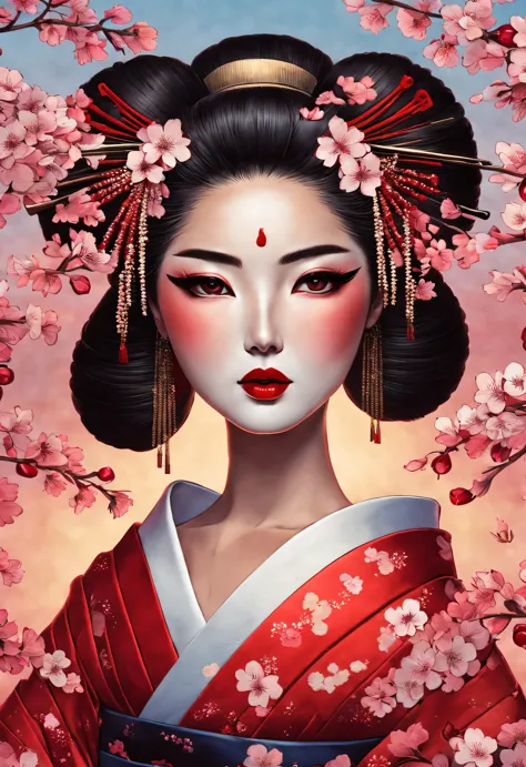 A geisha stands gracefully under the cherry blossoms, There are a lot more, Many red cherry blossom petals fall one after anothe...