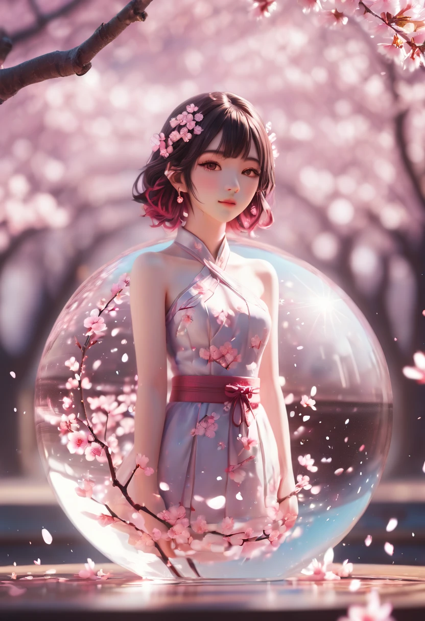 1girl, The Sakura Maiden, aesthetic, Cherry blossom in a glass sphere tilt shift 16k bokeh sparkles surrounded by floating petals, detailed matte painting, deep color, fantastical, intricate detail, splash screen, complementary colors, fantasy concept art, 8k resolution trending on Artstation Unreal Engine 5