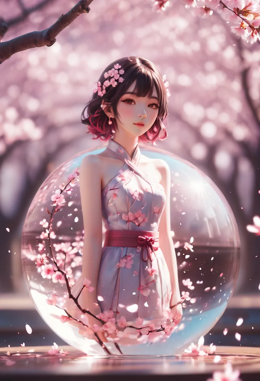 1girl, The Sakura Maiden, aesthetic, Cherry blossom in a glass sphere tilt shift 16k bokeh sparkles surrounded by floating petal...