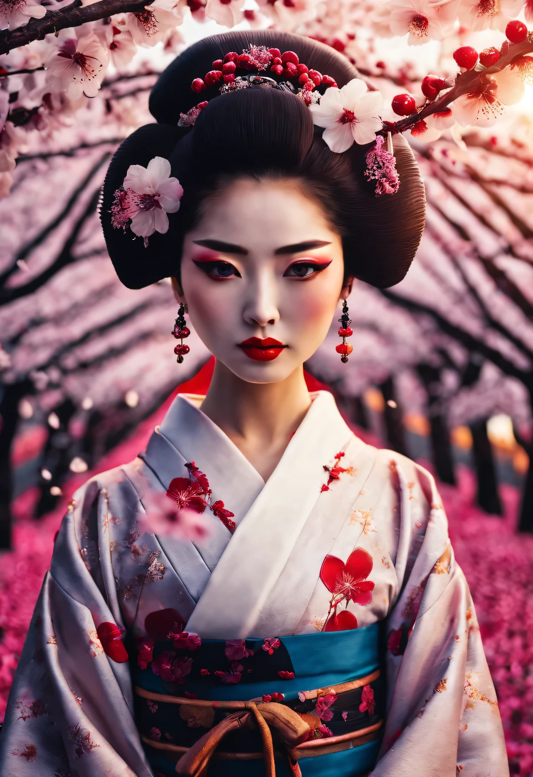 Under the pure white cherry blossoms，A geisha stands gracefully, There are a lot more, Many white cherry blossom petals fall one after another,
White base makeup on girl&#39;s face without any highlight or shadow decoration. All-white makeup covering face and neck. Red lip makeup is a small mouth that is smaller than the normal lip area. Thick eyeliner can emphasize the eye contour, Strengthen eyes, Pupils appear dark and deep. One-line eyebrows are eye-catching without being harsh, And the whole face is clean. Typical Japanese Geisha makeup,
(Wearing a gorgeous kimono embroidered with black and gold cherry blossoms: 0.8), Long-sleeved kimono, Wearing Japanese getas,
background: under the sunset, Many red cherry blossom petals fall one after another, deep pink and blue,
Surrealism, Realistic depiction of light and shadow, Real and exaggerated photos, super high quality, Super detailed details, movie shot, shallow view deep,